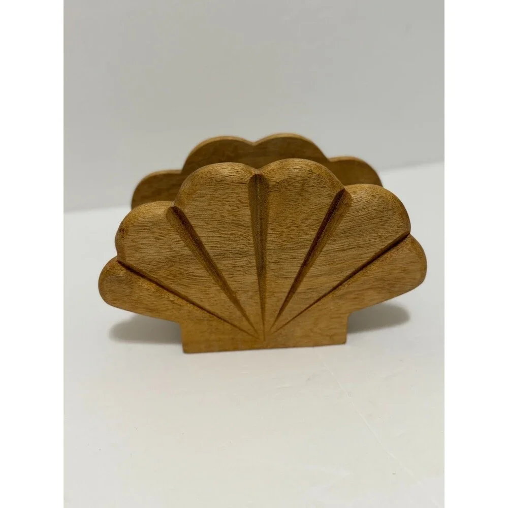 Vintage Myrtlewood Wooden Clamshell Napkin Holder Ocean Beach Nautical Seashell.
